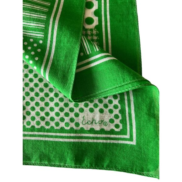 Vintage ECHO Cotton Scarf Green Bandana Patchwork Stripes Polka Dot 26 x 26 - Picture 7 of 8